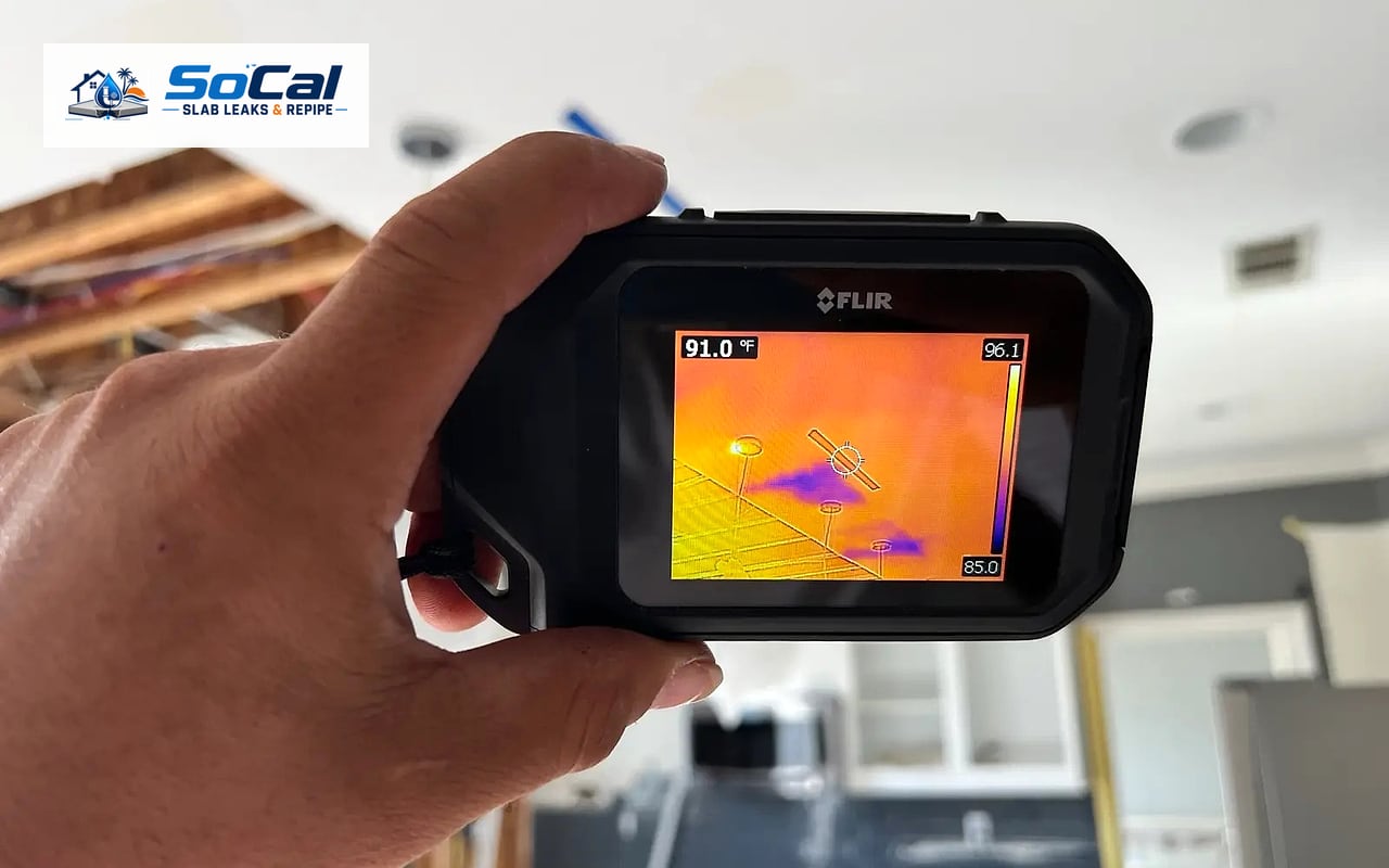 Plumber working on slab leak detection equipment in a modern home