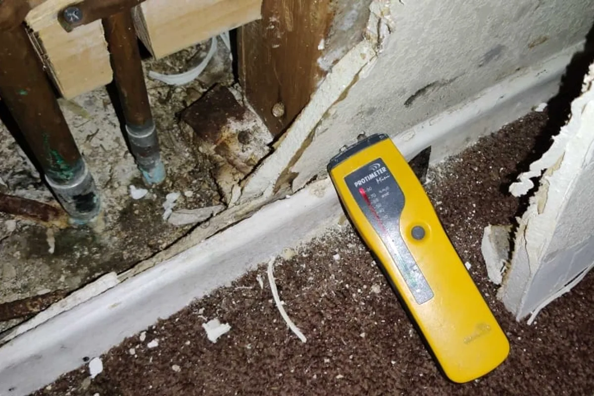 Moisture meter near opened wall pipe area during Lake Elsinore leak documentation