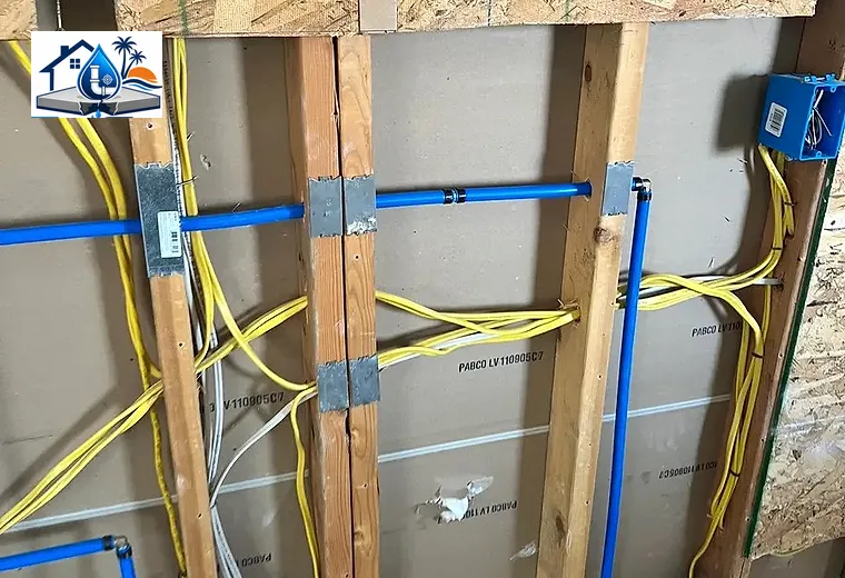 Repiping and water line rerouting wall access in Riverside County home