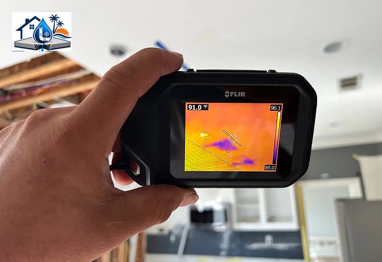 Plumber using slab leak detection equipment on tile flooring